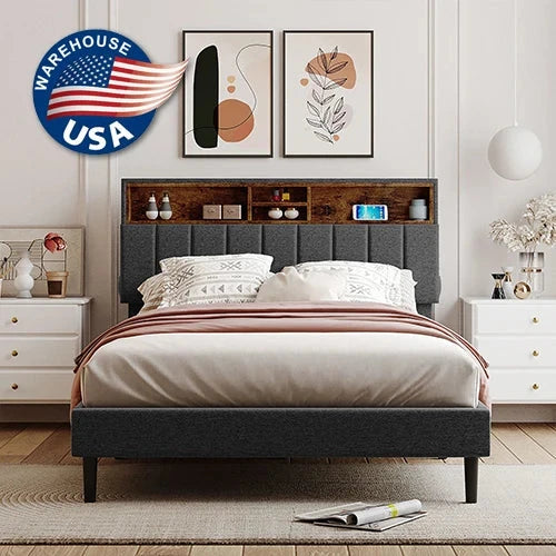 Free Shipping US Warehouse Linen Fabric Full-Size Murphy Bed with Storage Headboard Upholstered Platform Bed & USB Port Good Vibrations