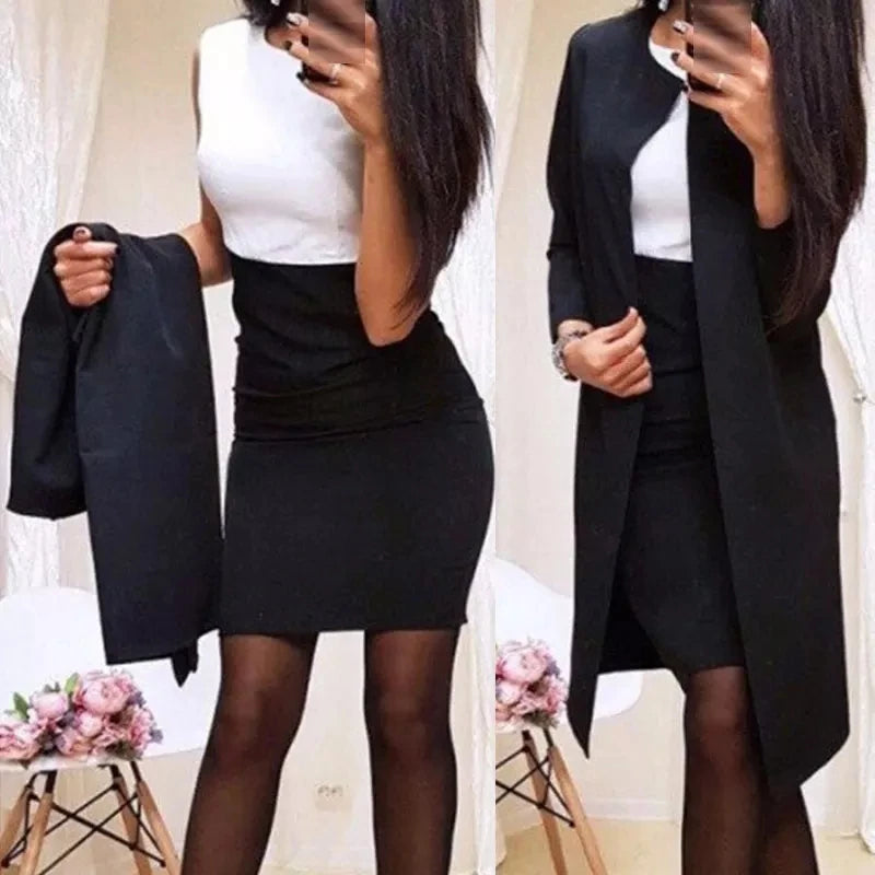 New Sexy Formal Dress Suits Women Long Blazer Jacket+Sheath O-Neck Mini Dress Office Wear 2 Piece Female Sets Women Set Dress Good Vibrations