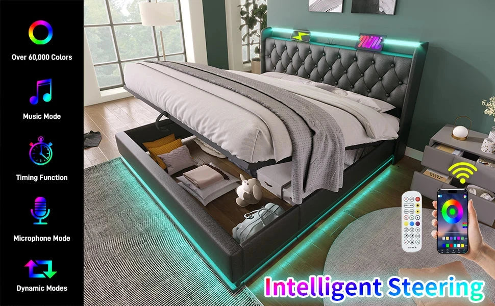 King Size Upholstered Bed 360 Surround LED Function Buttons Apps and Remote Control Good Vibrations