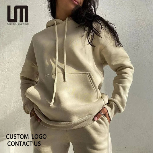 Liu Ming Custom Logo Wholesale Fashion Women Outfits Long Sleeve Hooded Loose Tracksuit Sweatshirt and Pants Set Good Vibrations