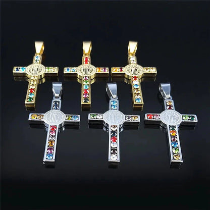 Catholic Jesus Cross Stainless Steel Necklace Saint Benedict Crystal Virgin Mary Pendant Crucifix Male Necklaces Jewelry cruz Good Vibrations
