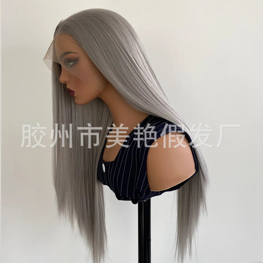 Qingdao Wig Factory Direct Sales Small Cap Size 13*4 Lace Wig Light Brown Lace Hot-Selling Long Straight Gray Chemical Fiber Wig Good Vibrations