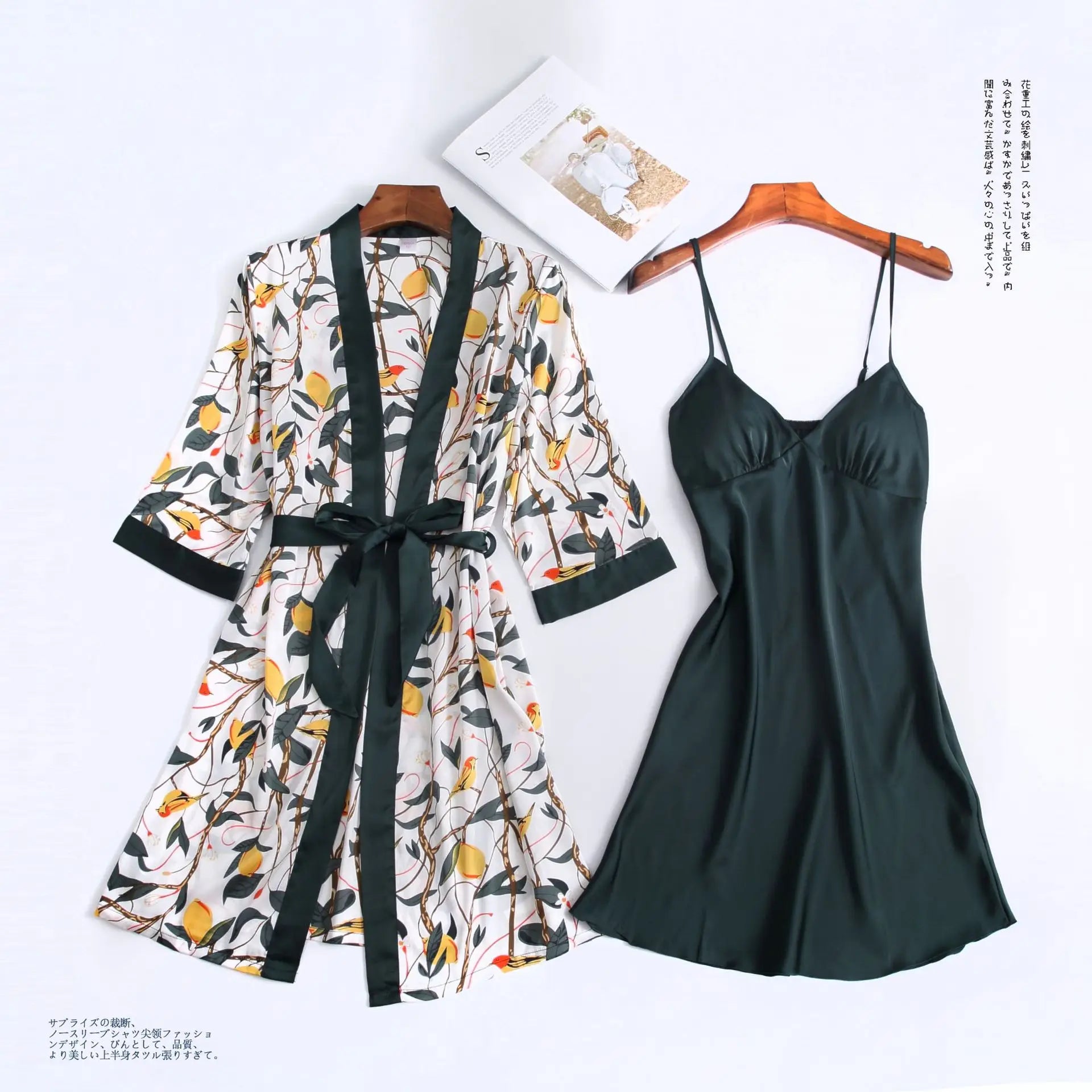 Women Satin Sexy Sets Ladies Nightgown Print Two-pieces Silk Sleepwear Robe+Nightdress Lounge Sets Pijama Good Vibrations