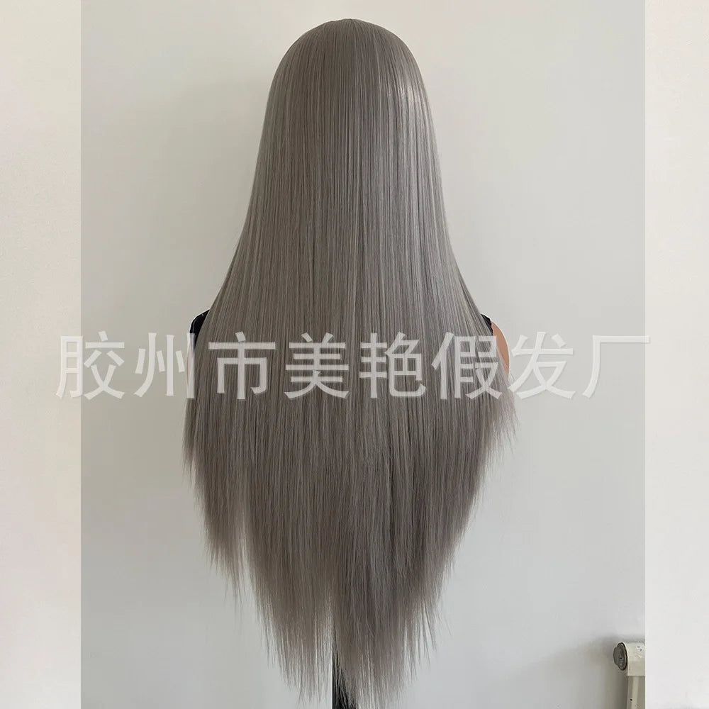 Qingdao Wig Factory Direct Sales Small Cap Size 13*4 Lace Wig Light Brown Lace Hot-Selling Long Straight Gray Chemical Fiber Wig Good Vibrations