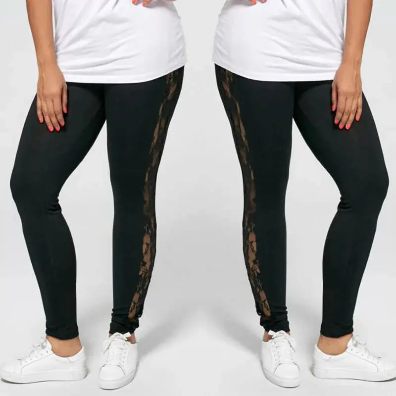 Womens Sexy Leggings Floral Lace Pants Side Sheer Black Leggings Slim Stretch Sexy Trousers Size L-3XL Good Vibrations
