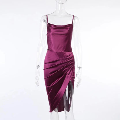 Enyami Summer Streetwear Elegant Club Satin Prom Women Midi Sundress High Slit Ruched Elegant Bodycon Sexy Party Slip Dress Good Vibrations