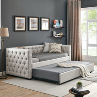 Daybed with Trundle Upholstered Tufted Extendable Sofa Bed with Button and Copper Nail on Square Arms Good Vibrations