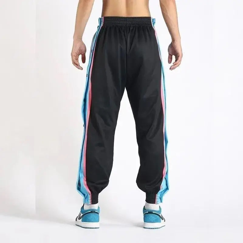 Harajuku Fashion Sports Men Pants Daily Outdoor Basketball Sweatpants Hollow Out Side Stripe Button Fly Design Creative Trousers Good Vibrations