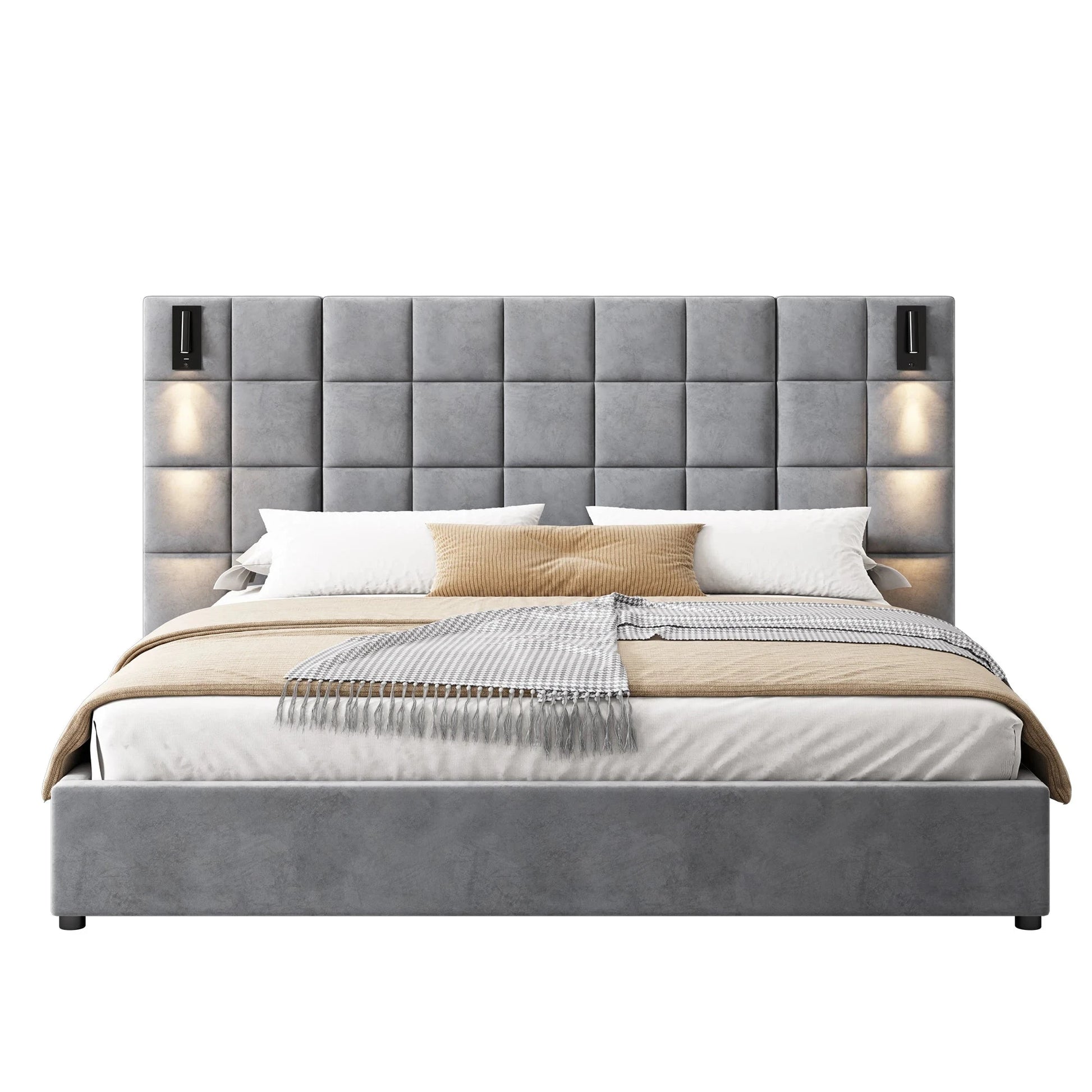 Modern King Bed with Reading Lamp & USB Port Upholstered Wide Headboard in Grey Smart Bed Design Good Vibrations