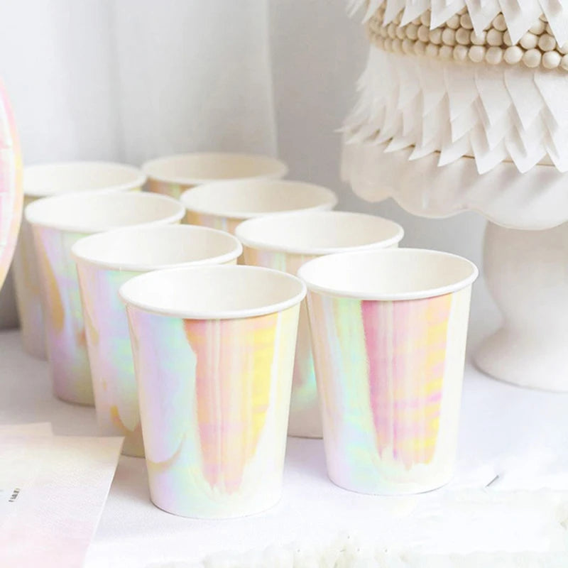 Rose Gold Disposable Tableware sets Paper Plates/cups/straws Iridescent Wedding Birthday Party Decor rainbow Dish Party Supplies Good Vibrations