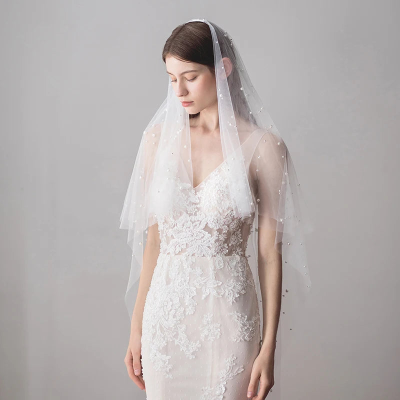 SLBRIDAL Two Layers Wedding Veils With Combs Ivory Pearls Bridal Veils Wedding Accessories for Bride Mariage Women Good Vibrations
