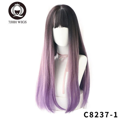 7JHHWIGS Long Wavy Synthetic Black Wigs For Women With Fringe Fashion Heat Resistant Mid-Length Daily Straight Light Brown Hair Good Vibrations