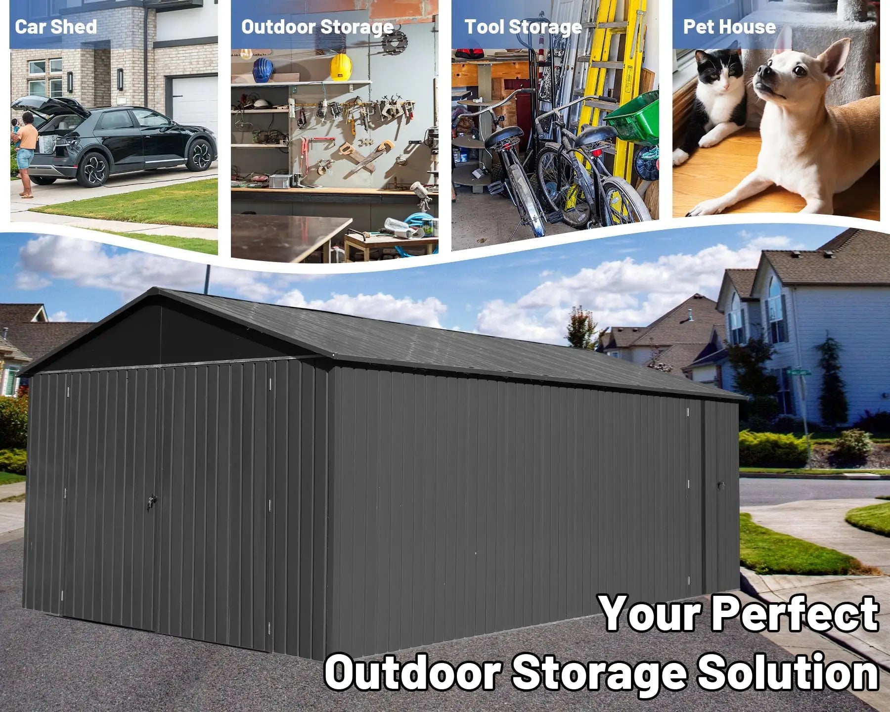 12x15 FT Outdoor Heavy Duty Metal Garage Shed Lockable Double Hinged Doors Extra Large Carport for Cars Trucks Lawn Equipment Good Vibrations