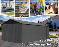 12x15 FT Outdoor Heavy Duty Metal Garage Shed Lockable Double Hinged Doors Extra Large Carport for Cars Trucks Lawn Equipment Good Vibrations