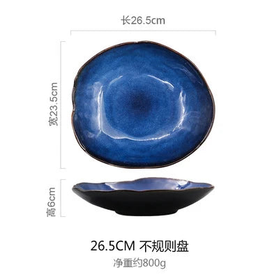 Household Ceramic Dinner Plate European Style Blue Glaze Salad Bowl Irregular Tableware Western Dinner Plate/kitchen Supplies Good Vibrations