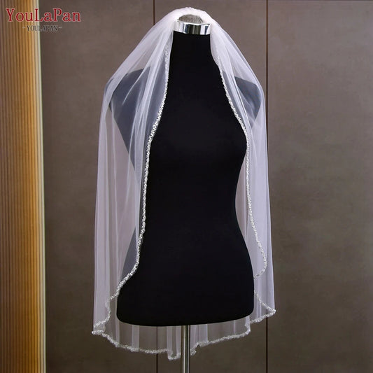YouLaPan V175 R Fashion Bridal Beaded Veil Fingertips Long Crystal Pearl Trim Short Single Layer Veil Ivory Church Wedding Veil Good Vibrations