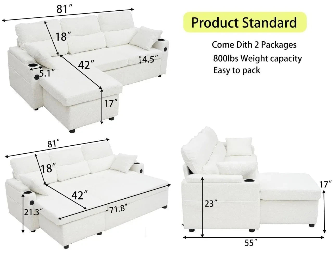Convertible Sleeper Sofa 2in1, LShaped Sectional Futon Bed with Storage, USB Ports, Cup Holders, and Reversible Chaise Good Vibrations