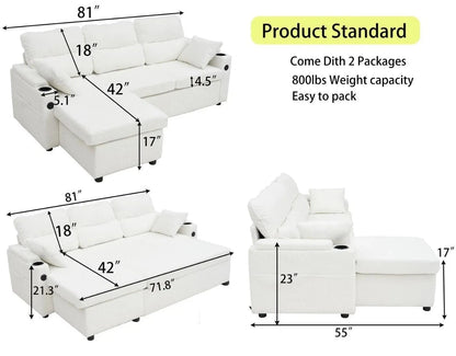 Convertible Sleeper Sofa 2in1, LShaped Sectional Futon Bed with Storage, USB Ports, Cup Holders, and Reversible Chaise Good Vibrations