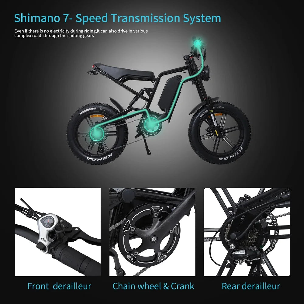 US Warehouse 48v Electric Bike 7speed 31-37 Miles Waterproof 20" Fat Tire Electric Cross Bike with Smart LCD Display Good Vibrations
