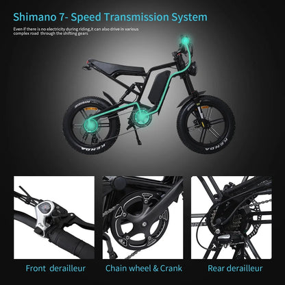 US Warehouse 48v Electric Bike 7speed 31-37 Miles Waterproof 20" Fat Tire Electric Cross Bike with Smart LCD Display Good Vibrations