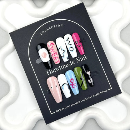 Handmade 3D Whitening Painting Press-on Nails Versatile Cute Anime Cartoon Design Durable ABS Fingers Pure Color Made for Good Vibrations