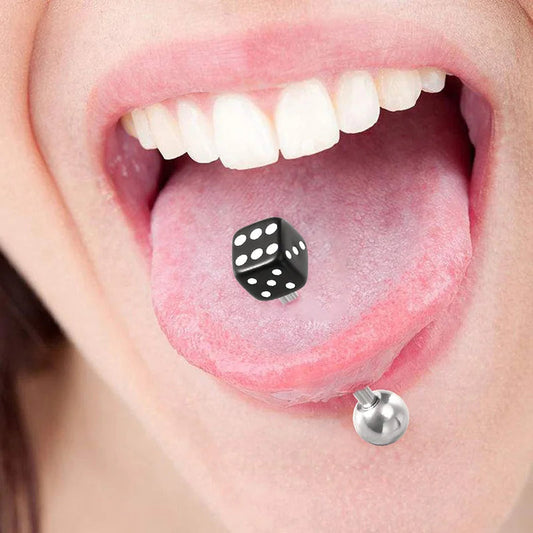 2pcs Good Luck Dice Tongue Ring Surgical Steel Tongue Piercing Barbell Colorful Labret Stud Bar for Women Men Body Jewelry 14G Good Vibrations