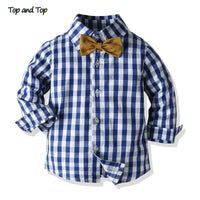 Top and Top Boys Clothing Sets Springs Autumn New Kids Boys Long Sleeve Plaid Bowtie Tops+Suspender Pants Casual Clothes Outfit Good Vibrations