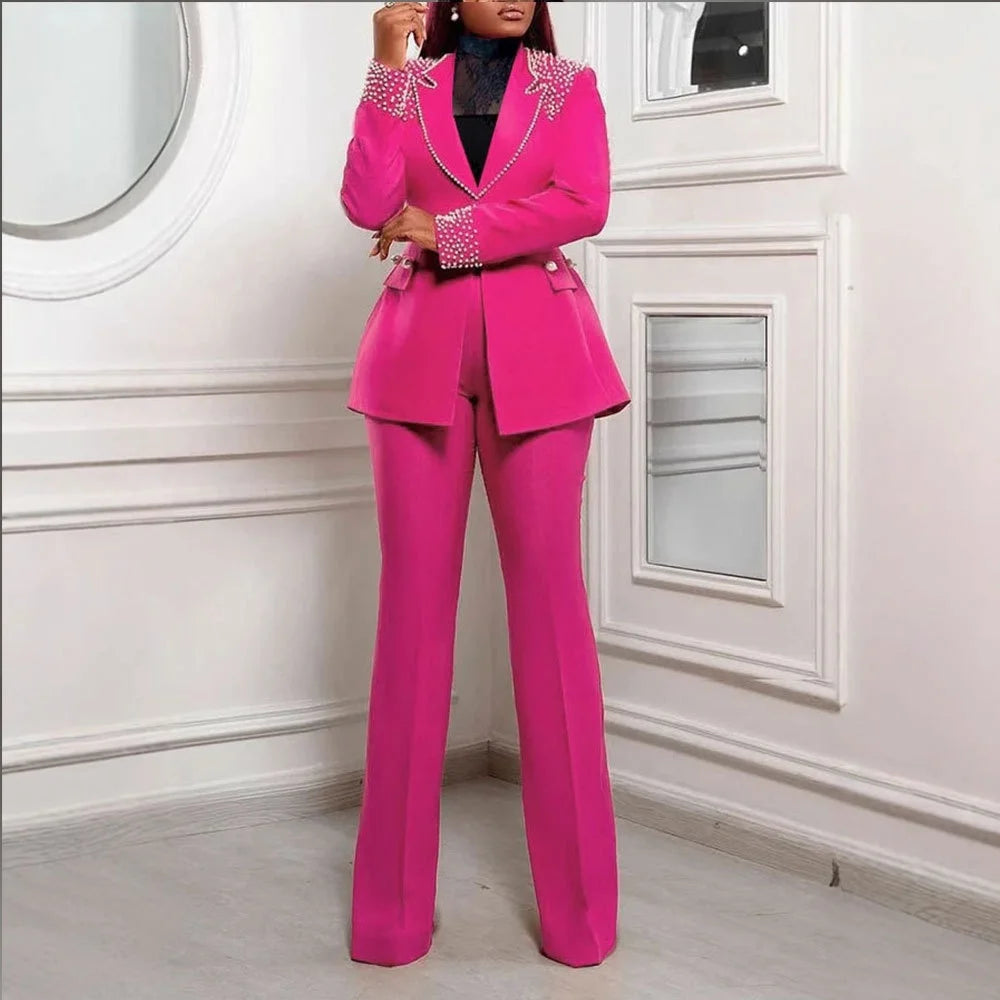 Ohsisa Women Set   Pearl Long-Sleeved Slim Stretch Suit Two-Piece Set Crocheted Top Bow Collar Knee Length  Suit Good Vibrations