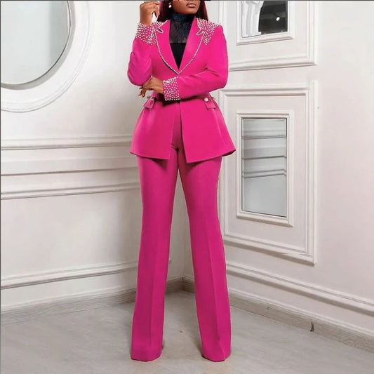 Ohsisa Women Set   Pearl Long-Sleeved Slim Stretch Suit Two-Piece Set Crocheted Top Bow Collar Knee Length  Suit Good Vibrations
