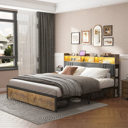 Queen Size Bed Frame with LED Light & Power Outlet, Platform Bed with Upholstered Headboard and Storage Good Vibrations