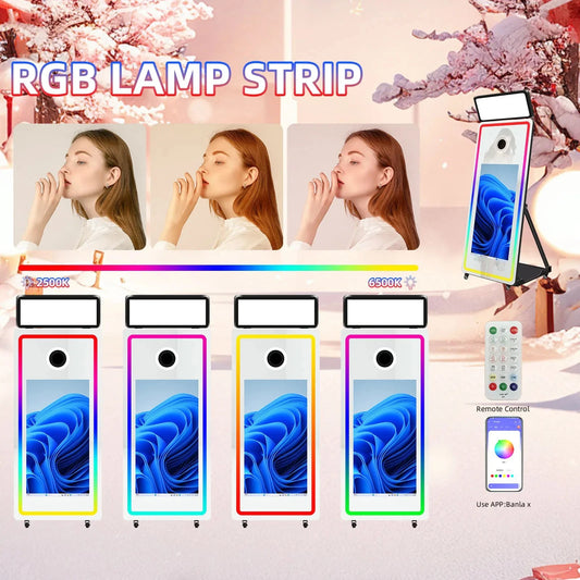 Fashion LED Frame Selfie Magic Mirror Photobooth Machine Touch Screen SLR Compatible Camera Printer for Parties and Events Good Vibrations