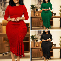 D559 Trendy Spring Dresses Women Casual Elegant Lace Patchwork Three Quarter Sleeve O-Neck Office Lady Dress African Dress Good Vibrations