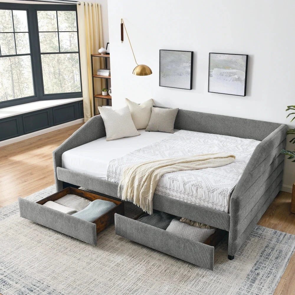 Queen Size Daybed with Two Drawers Trundle Upholstered Tufted Sofa Bed Linen Fabric Living Room Furniture Good Vibrations