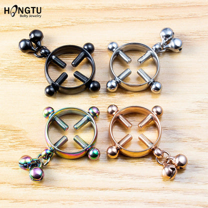 2PCS Screw Bell Pendant Fake Nipple Ring Women Stainless Steel Fashion Piercing Jewelry Body Jewelry Round Nipple Piercings Bar Good Vibrations