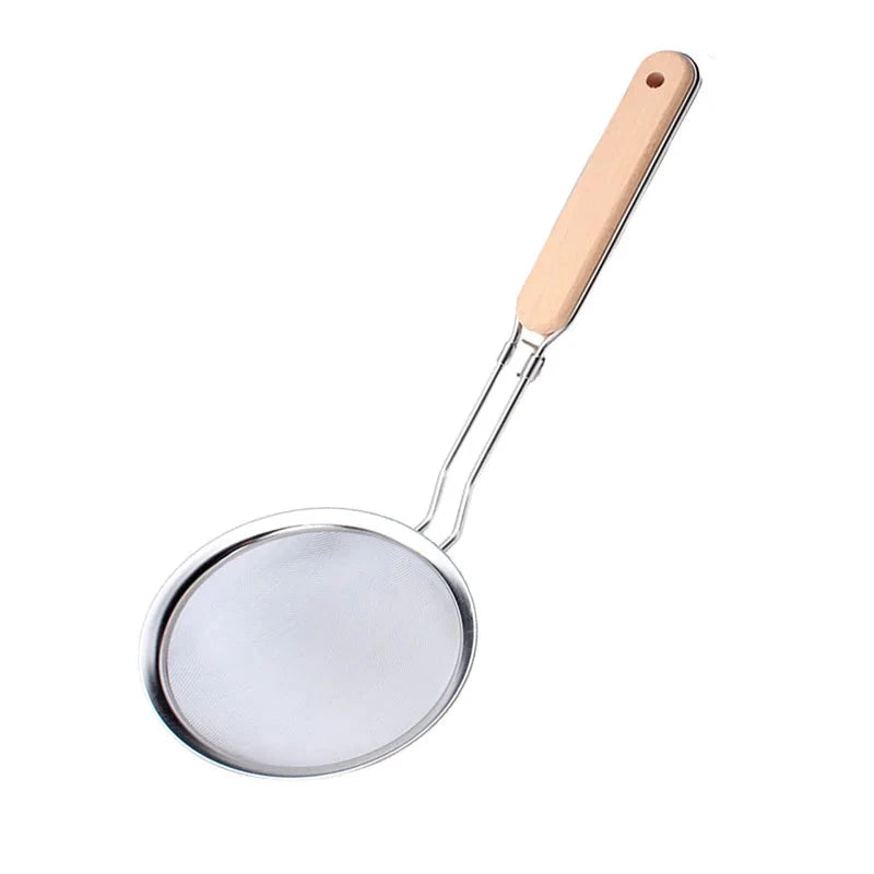 Hot Sell New Design Kitchen Gadgets Stainless Steel Strainers With Non-slip Wooden Handle Good Vibrations