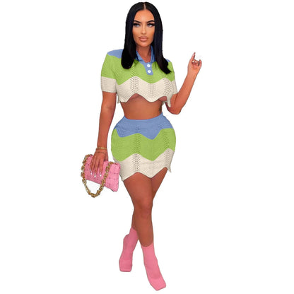 Knit Color Blocking Two Pieces Set Crop Top Mini Skirt Outfit Party Casual Women Set Good Vibrations