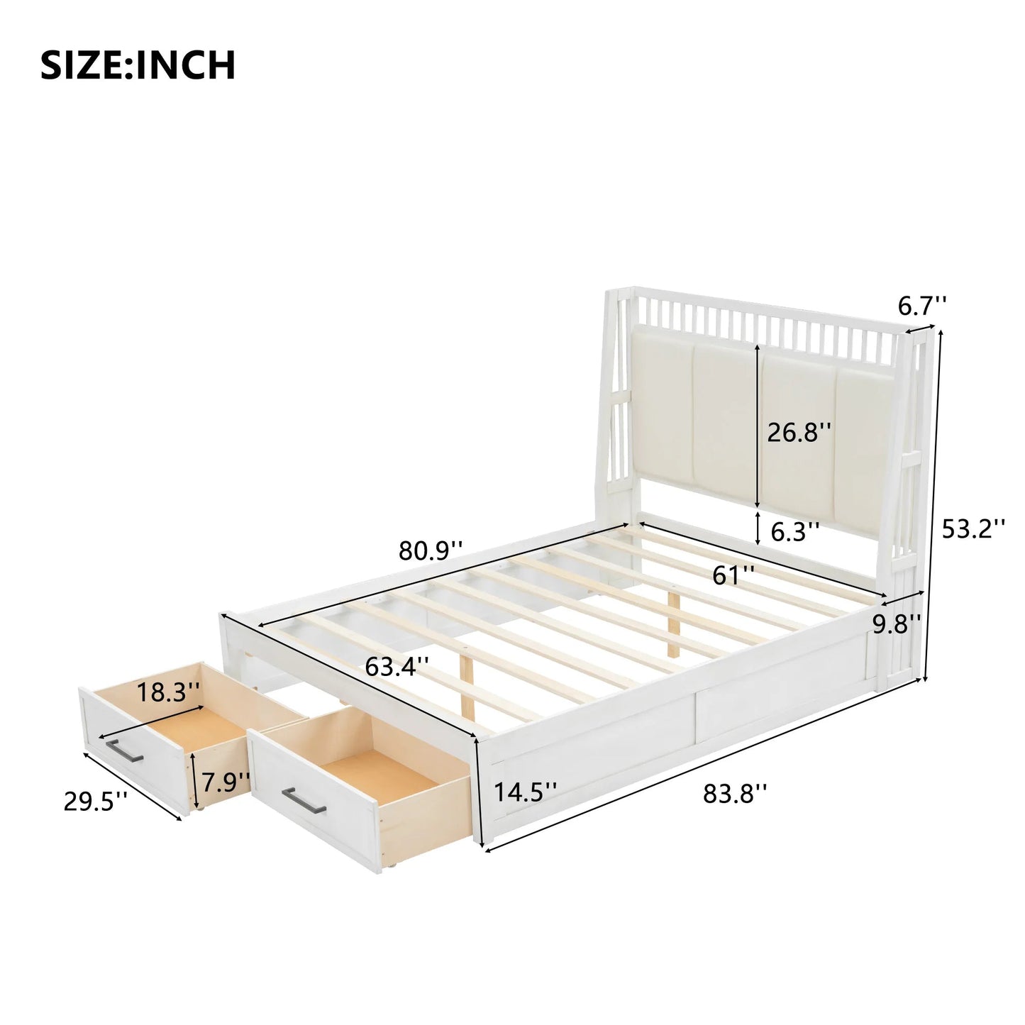 White Upholstered Wood Platform Bed with Headboard and 2 Drawers Good Vibrations