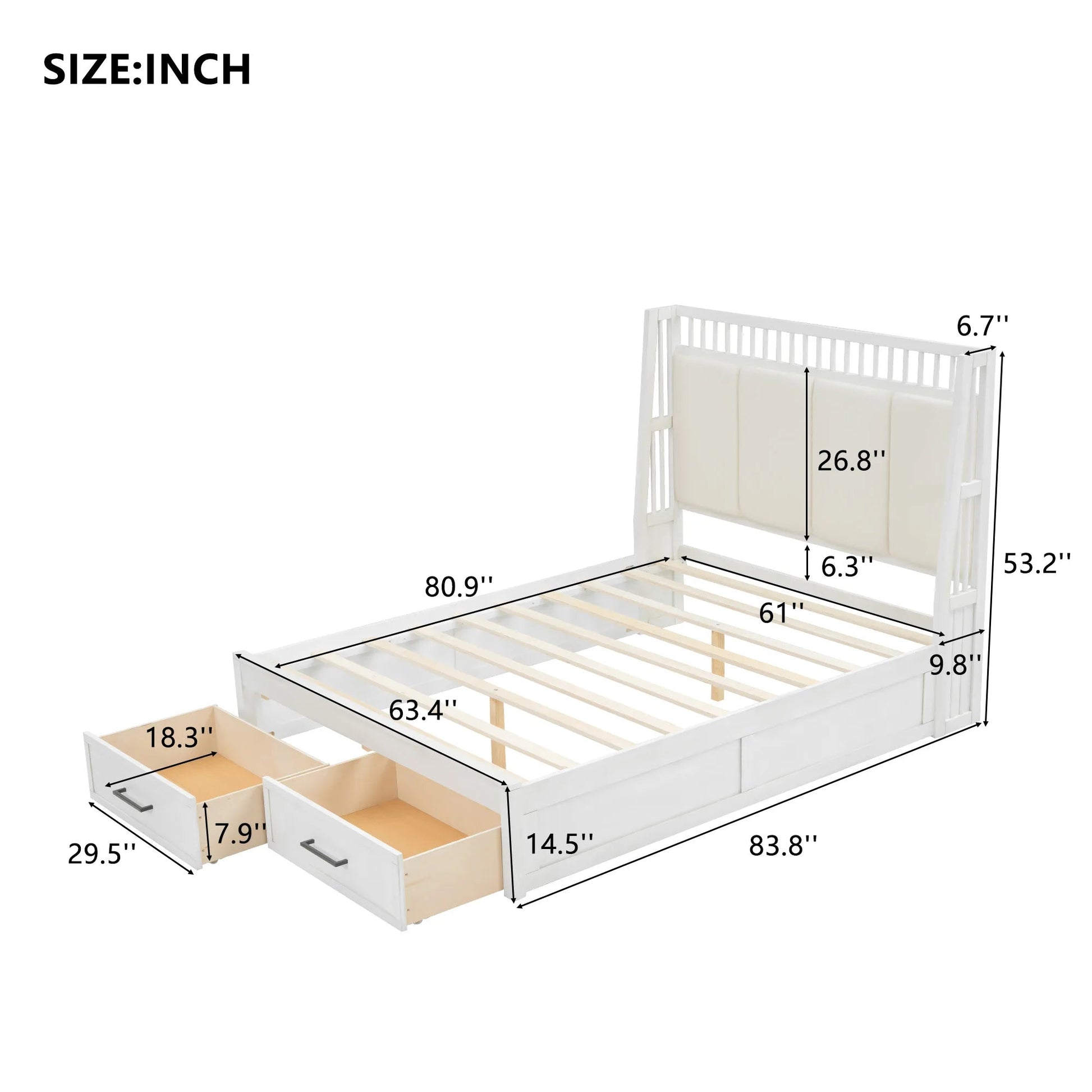 White Upholstered Wood Platform Bed with Headboard and 2 Drawers Good Vibrations