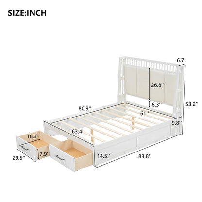 White Upholstered Wood Platform Bed with Headboard and 2 Drawers Good Vibrations