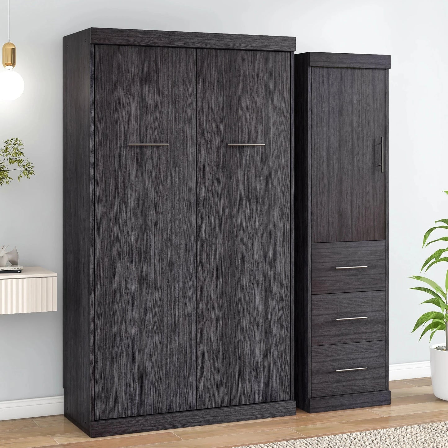 Gray Twin Size Murphy Bed With Wardrobe and Drawers Folded Into a Cabinet With Storage Product Category Murphy Beds Good Vibrations