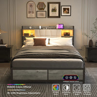 Queen Size Bed Frame with LED Light & Power Outlet, Platform Bed with Upholstered Headboard and Storage Good Vibrations