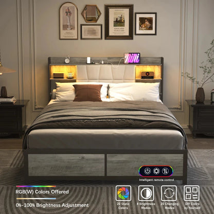Queen Size Bed Frame with LED Light & Power Outlet, Platform Bed with Upholstered Headboard and Storage Good Vibrations