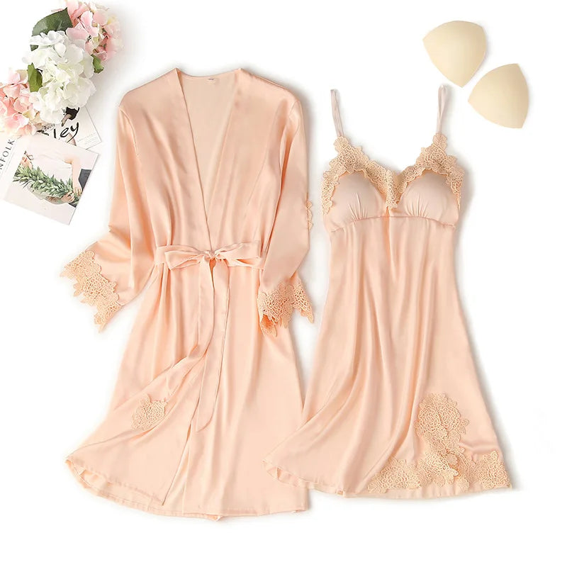 Women Satin Sexy Sets Ladies Nightgown Print Two-pieces Silk Sleepwear Robe+Nightdress Lounge Sets Pijama Good Vibrations