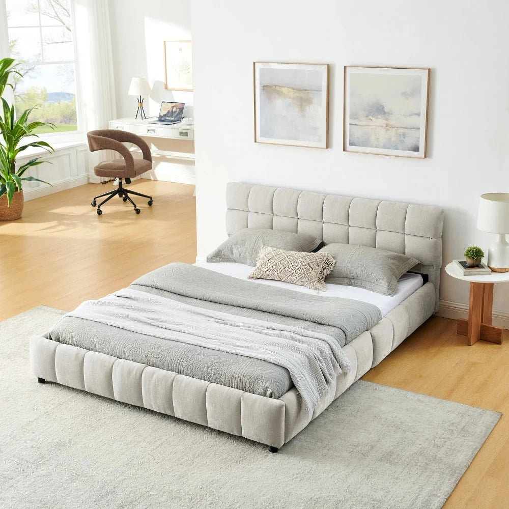 Modern Queen Size Tufted Headboard Platform Bed Frame with Wooden Storage Drawer Soft Chenille Upholstered Bedroom Bed Good Vibrations