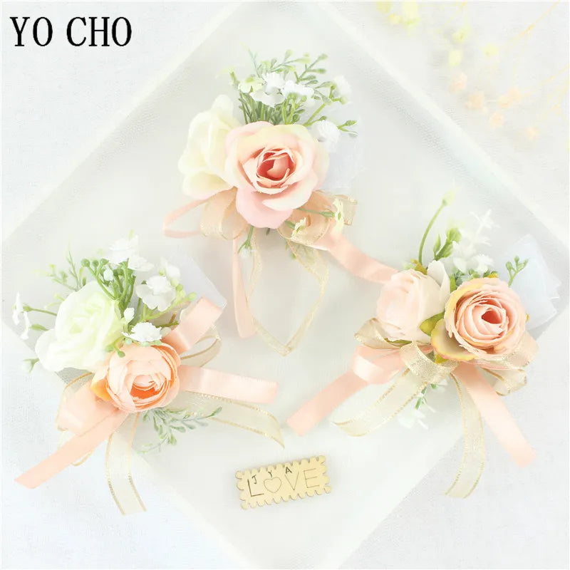 Wedding Groom Boutonniere Bride Bridesmaid Women Hand Wrist Flower Silk Rose Boutonniere Buttonhole for Marriage Party Flower Good Vibrations