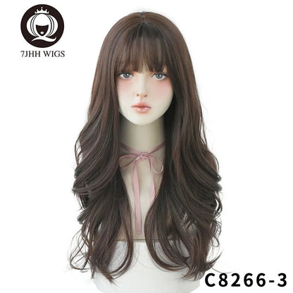 7JHHWIGS Long Wavy Synthetic Black Wigs For Women With Fringe Fashion Heat Resistant Mid-Length Daily Straight Light Brown Hair Good Vibrations