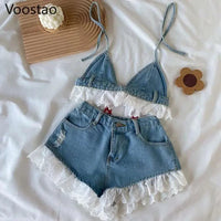 Summer Sweet Lolita Style Denim Shorts Sets Girls Sexy Lace Bandage Camisole Crop Tops Ruffles Jeans Short Pants Women 2PC Set GOOD Vibrations
