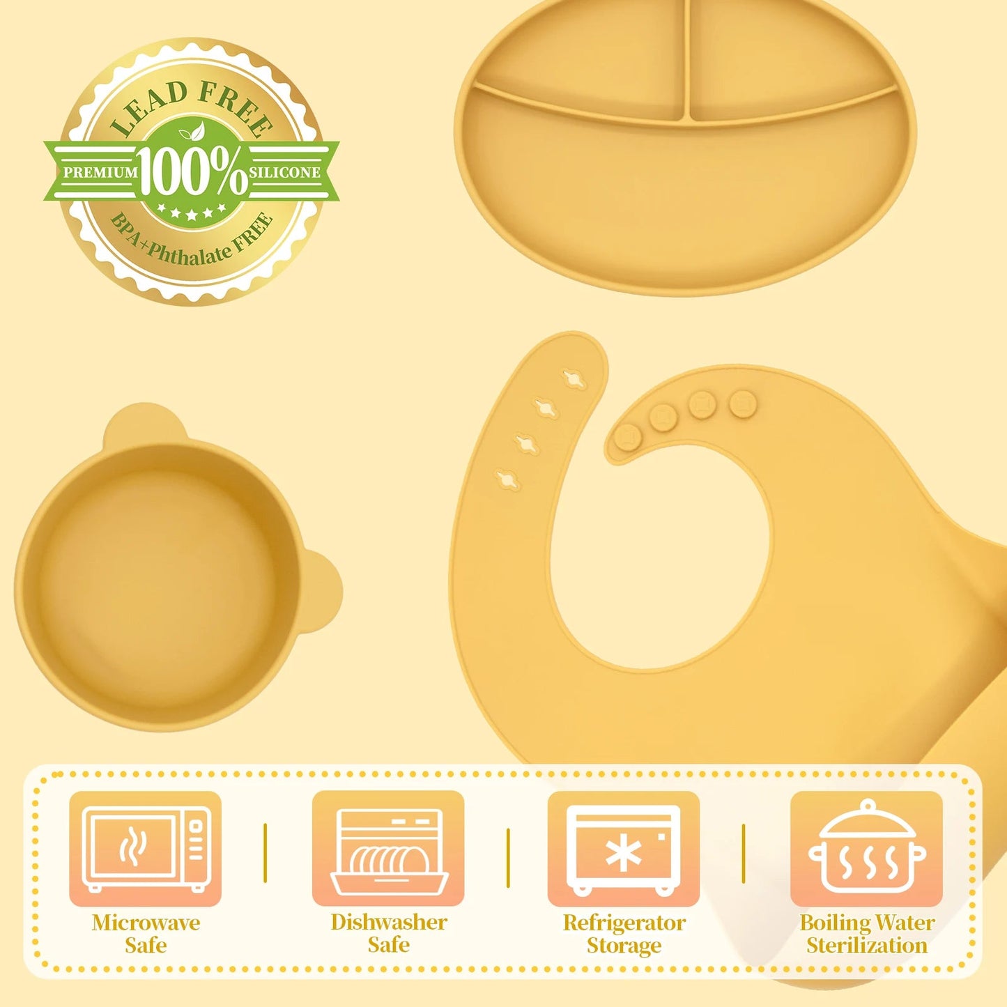 Food Grade Bpa Free Silicone Tableware Set Kids Dinnerware Set Durable Easy Clean Baby Bib Plate Bowl Spoon Fork Set Good Vibrations