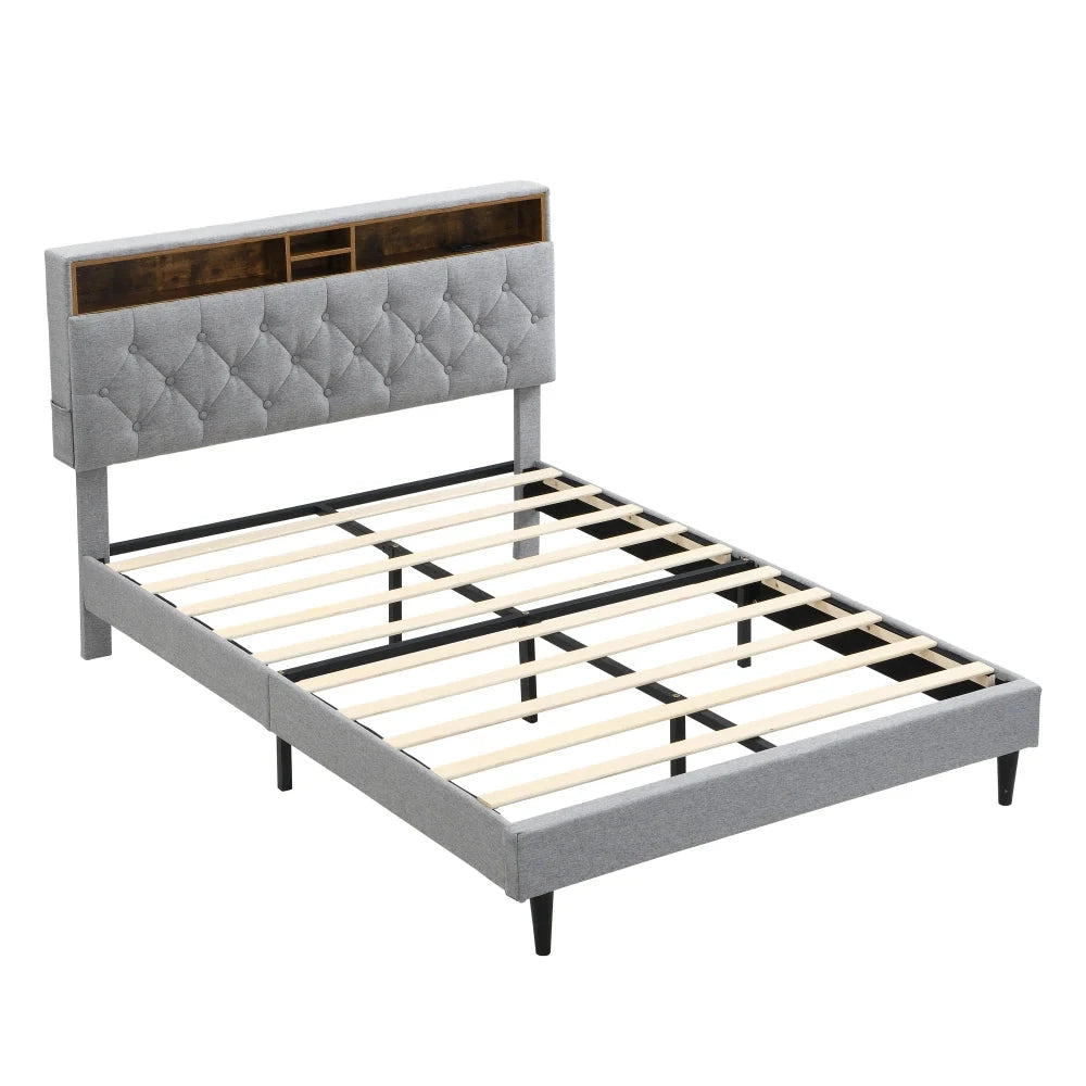 Queen-Size Upholstered Platform Bed Frame with a Modern Button-Tufted Linen Fabric Headboard,USB Ports Good Vibrations