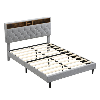 Queen-Size Upholstered Platform Bed Frame with a Modern Button-Tufted Linen Fabric Headboard,USB Ports Good Vibrations